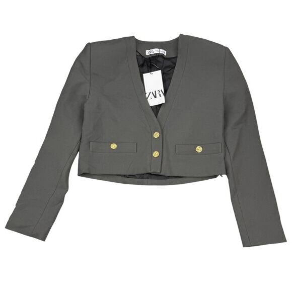NWT ZARA Crop Blazer with Gold Buttons XS Dark Gray - Picture 6 of 12